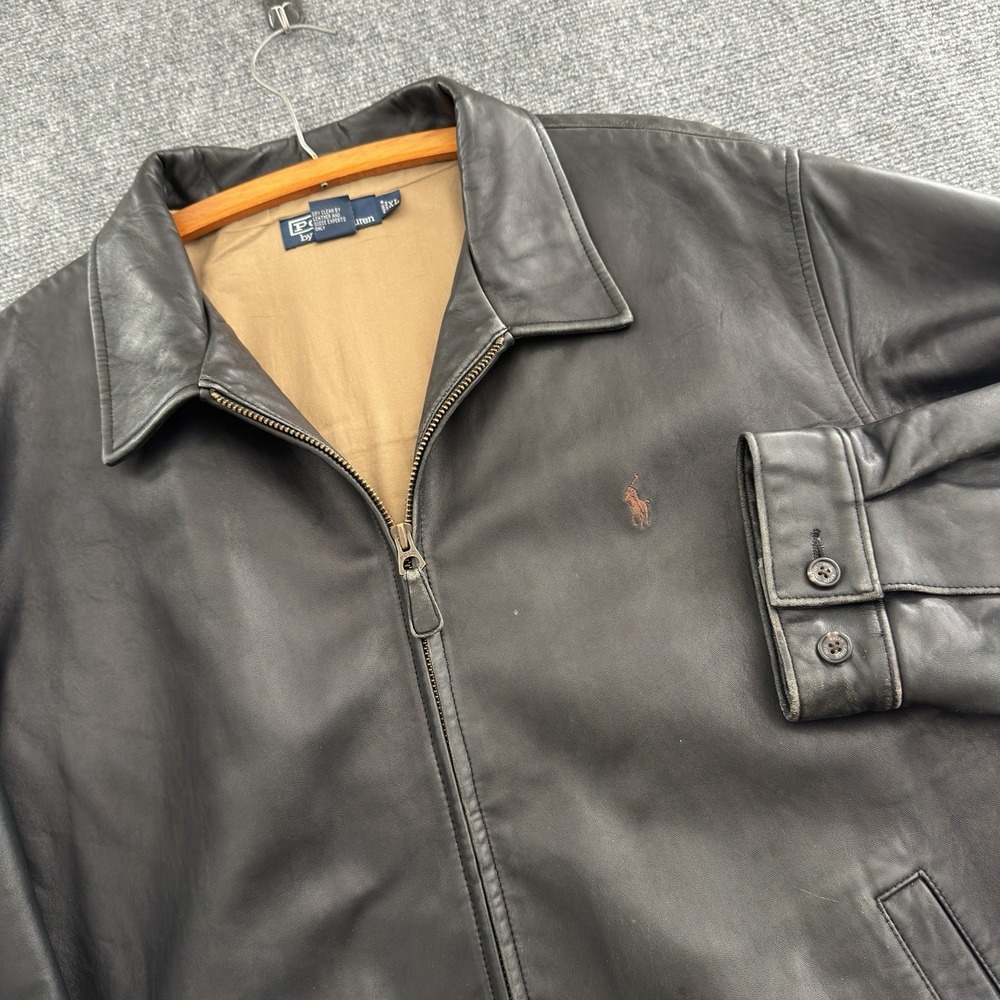 Vintage Polo Ralph Lauren Black Genuine Leather Jacket Mens XL Full Zip